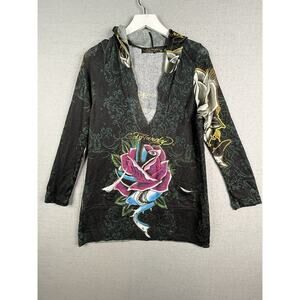 Vtg Ed Hardy Christian Audigier Knit Hoodie Sweater Womens XL Shark Rose Y2K